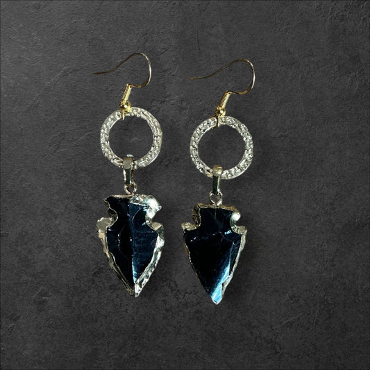 Arrowhead Black Obsidian Dangle Hammered Metal Hoop- Gold