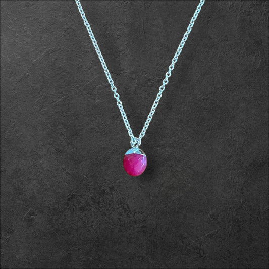 Pink Gem Simple Drop Necklace-Silver