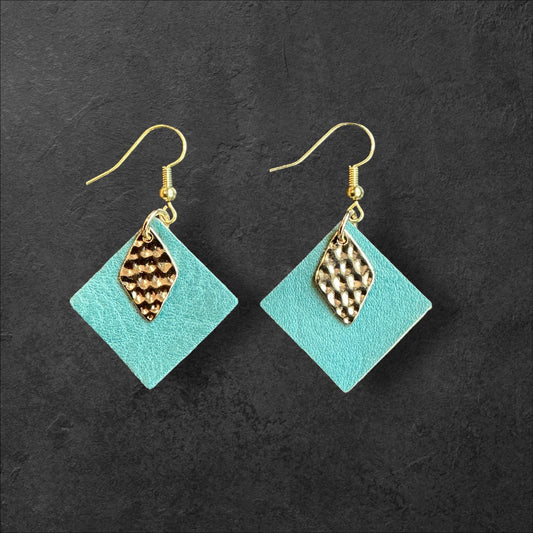 Leather Teal Square Hammered Charm- Gold